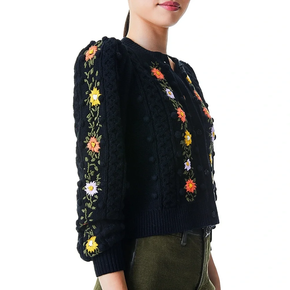 Alice + Olivia Kitty Floral Puff Sleeve Wool Blend Black Cardigan Sweater - Picture 5 of 16